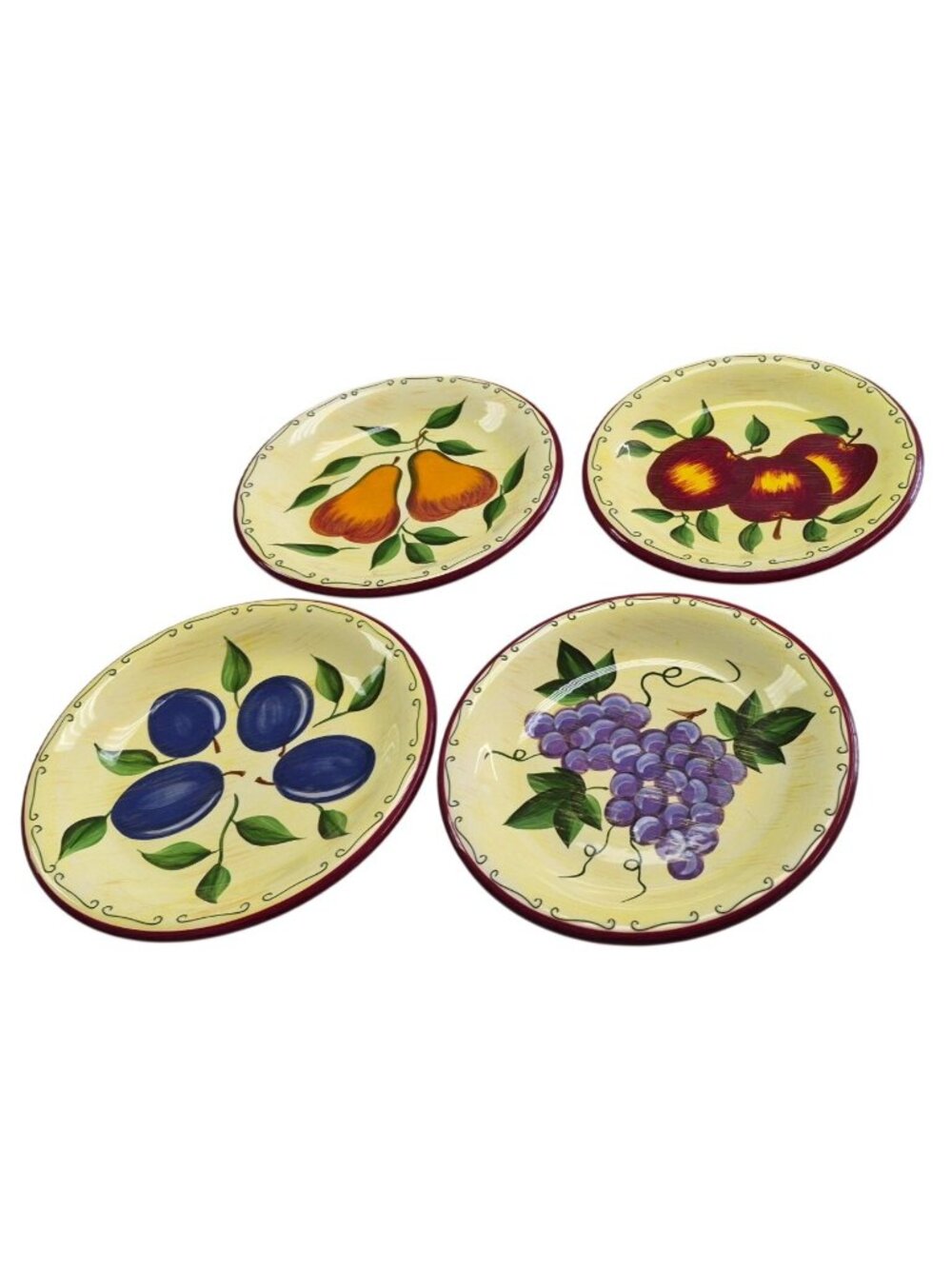 Sonoma Life+Style Hand-Painted Fruit Pattern Dessert Plates (4) Yellow & Burgund